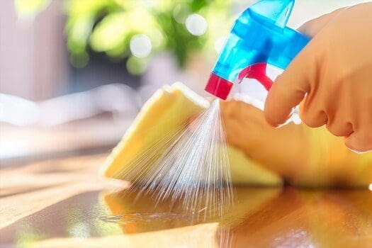 Hand dispensing disinfectant solution from a spray bottle on to table.