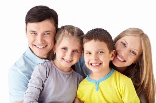 Portrait showing family from left to right; father, daughter, son, mother.