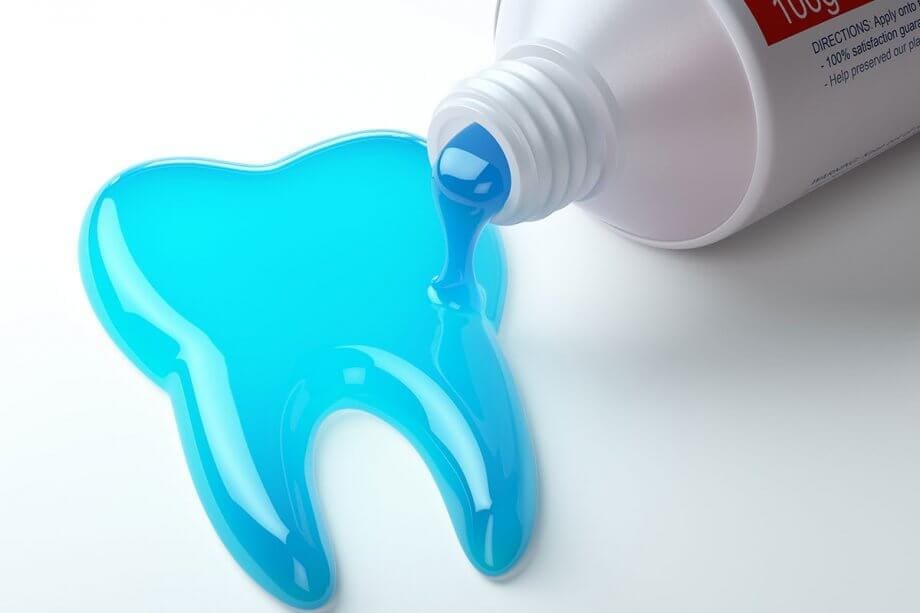 Toothpaste spilling out of tooth with puddle shaped like a tooth.